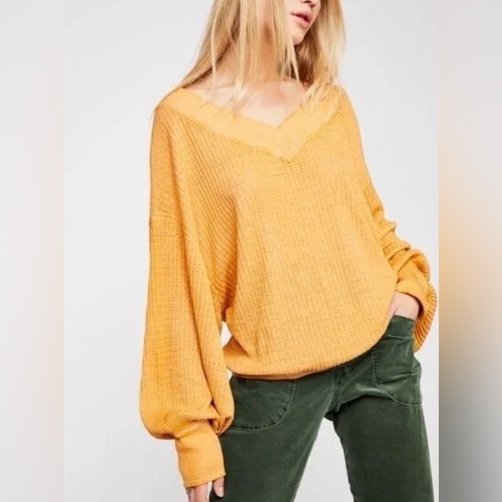 Free People We the Free Mustard Yellow South Side Thermal Top Womens Sz Small